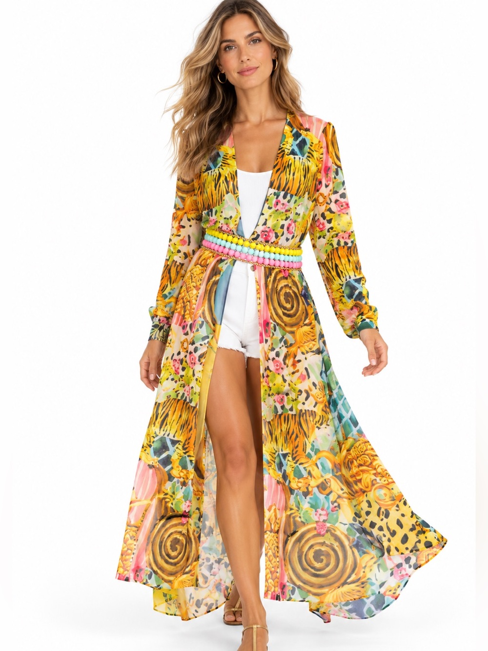 Petit Pois by Viviana G Sheer Animal Print Maxi Duster Cover Up L